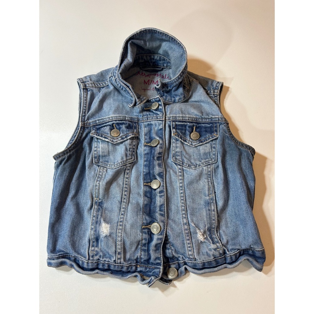 Aeropostale Denim Vest Women's Size Medium Blue Distressed Button Front
